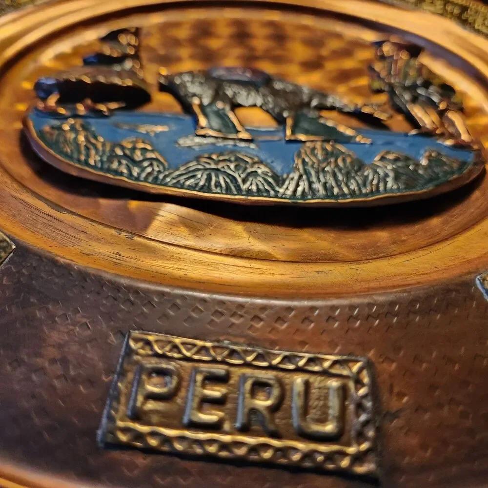 Vintage Peru Copper Metal Decorative Plate Handpainted
